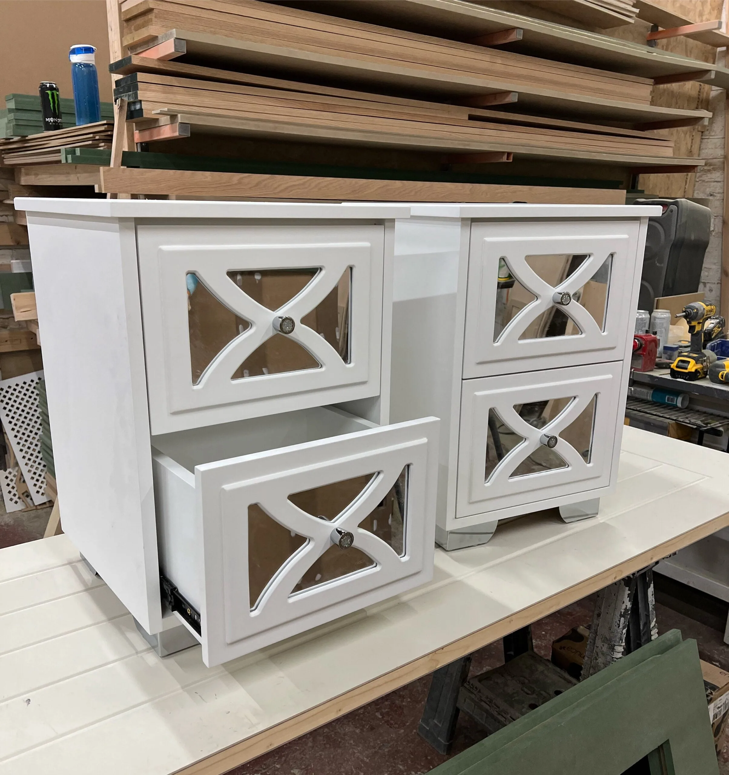 Mirrored bedside tables with drawers
