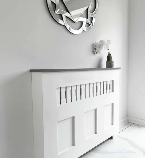 Elegant Grey Oak Radiator Cover with Fretwork Design
