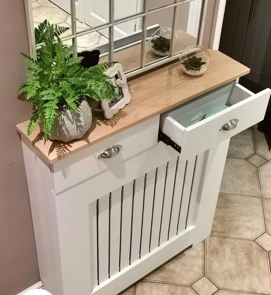 Vertical Slat Radiator Cover with a Solid Oak Top and Drawers