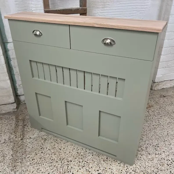 French Green Vertical Slat Oak Storage Radiator Cabinet