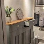 Grey Vertical Slat Radiator Cover with a Solid Oak Top and Drawers