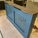 Hague Blue Vertical Slat Radiator Cover with a Solid Oak Top