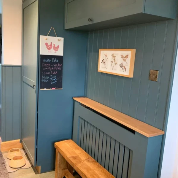 Hague Blue Vertical Slat Radiator Cover with a Solid Oak Top