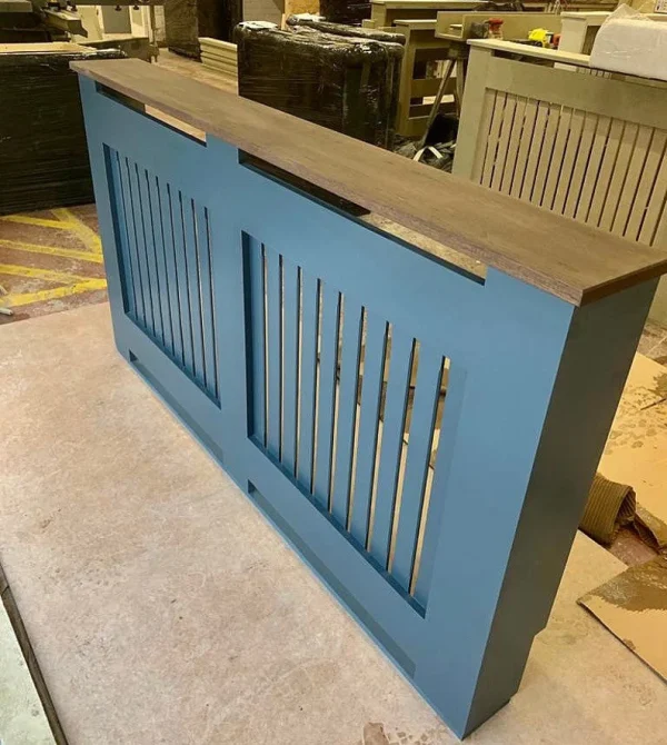 Vertical Slat Radiator Cover with a Solid Oak Top: Hague Blue