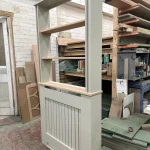 Vertical slat Radiator Cover with a bookshelf, solid oak top and solid oak shelves – French Gray