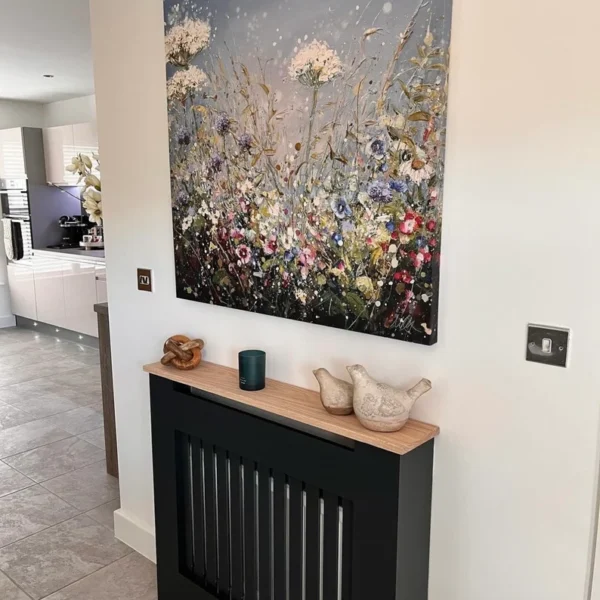 Black Vertical Slat Radiator Shield with Oak Top