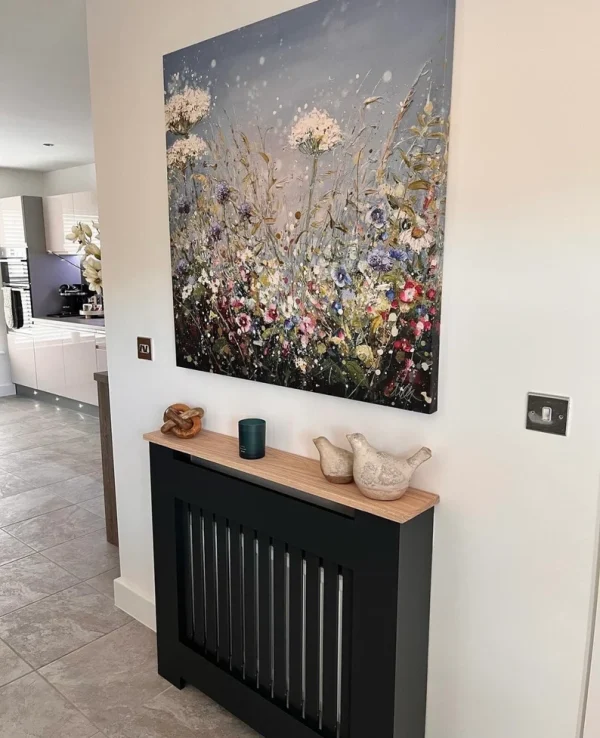 Black Vertical Slat Radiator Shield with Oak Top