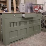 French Gray Vertical Slat Radiator Cover with a Solid Oak Top and Drawers