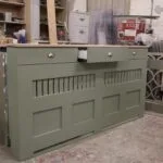 French Gray Vertical Slat Radiator Cover with a Solid Oak Top and Drawers