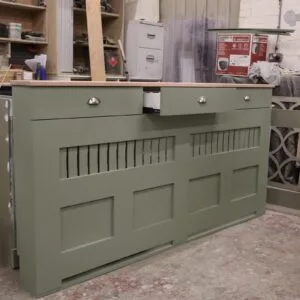 French Gray Vertical Slat Radiator Cover with a Solid Oak Top and Drawers