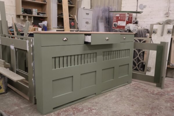 French Gray Vertical Slat Radiator Cover with a Solid Oak Top and Drawers