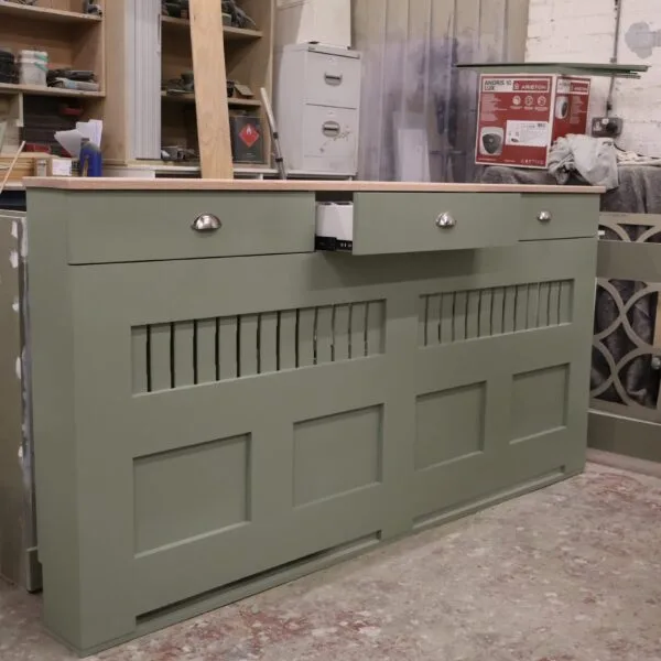 French Gray Vertical Slat Radiator Cover with a Solid Oak Top and Drawers