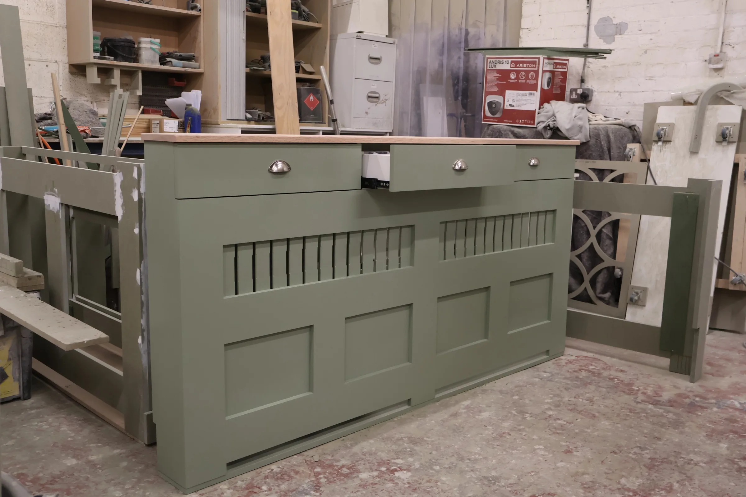French Gray Vertical Slat Radiator Cover with a Solid Oak Top and Drawers