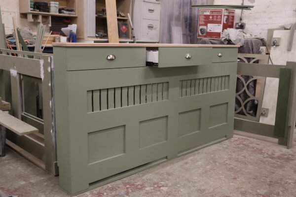French Gray Vertical Slat Radiator Cover with a Solid Oak Top and Drawers