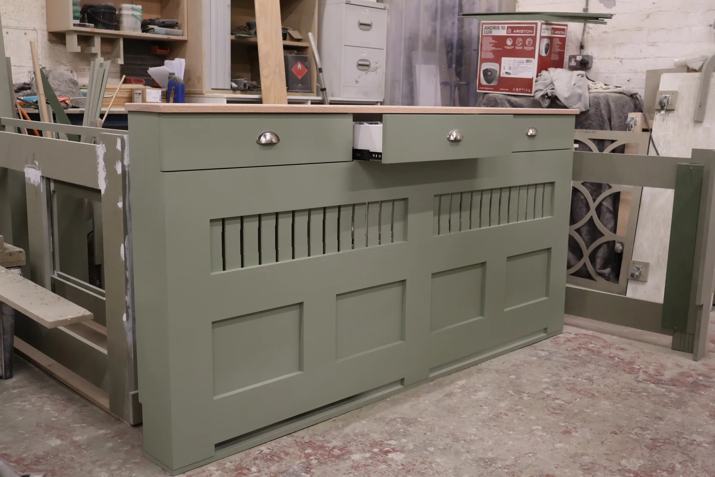 French Gray Vertical Slat Radiator Cover with a Solid Oak Top and Drawers