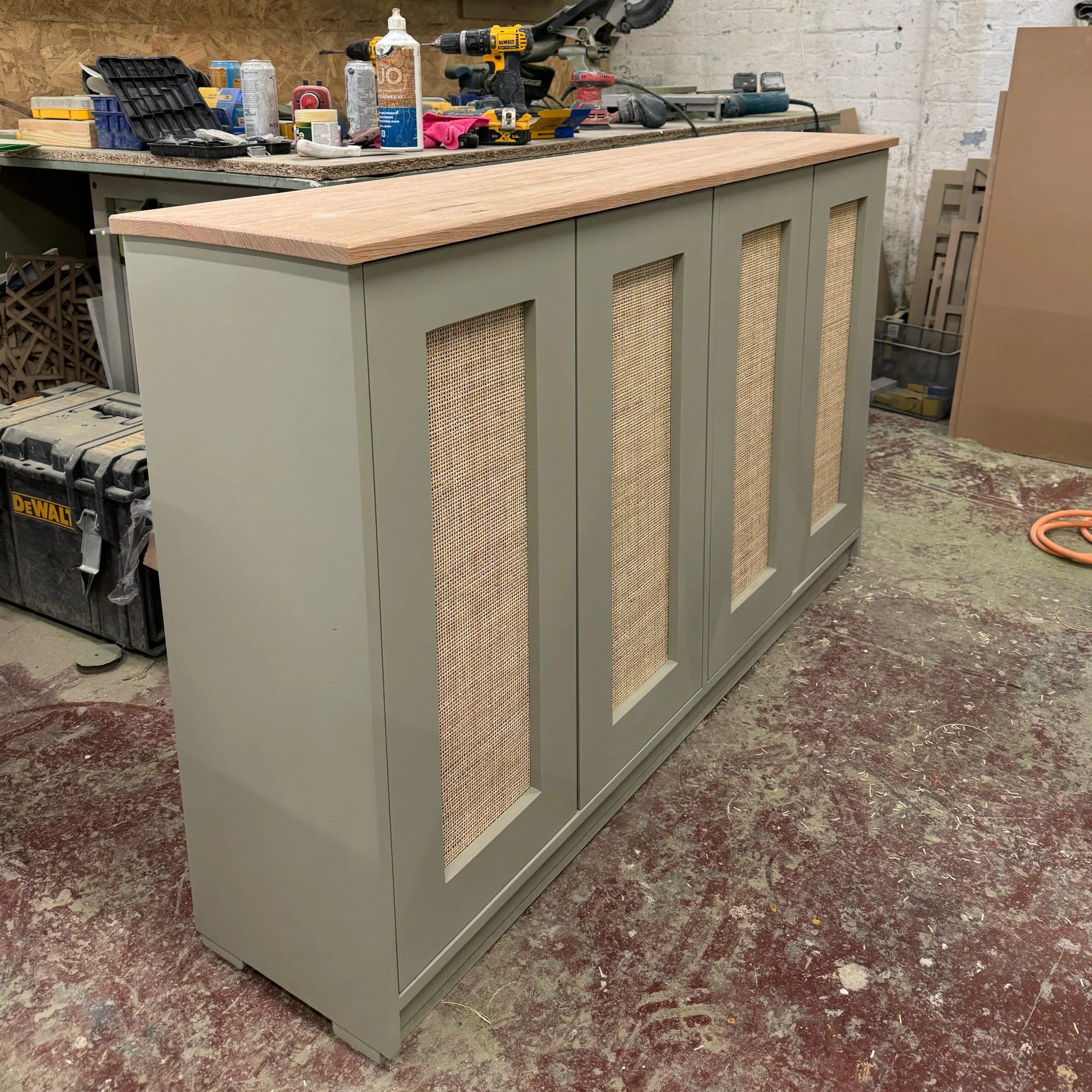 Rattan Door Oak Top TV Cabinet