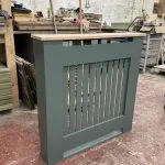 Card Room Green Vertical Slat Radiator Cover with a Solid Oak Top