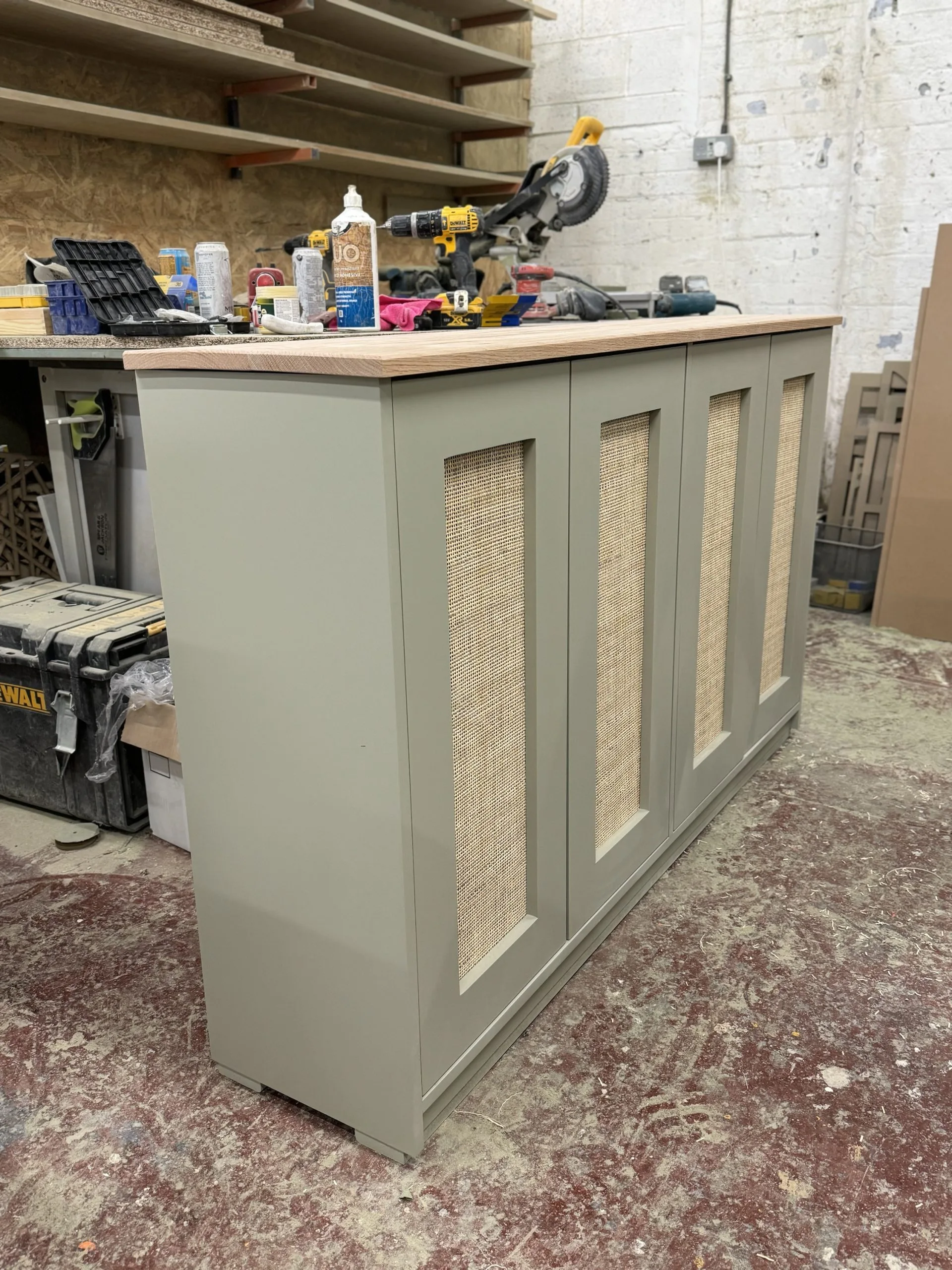 Rattan Door Oak Top TV Cabinet