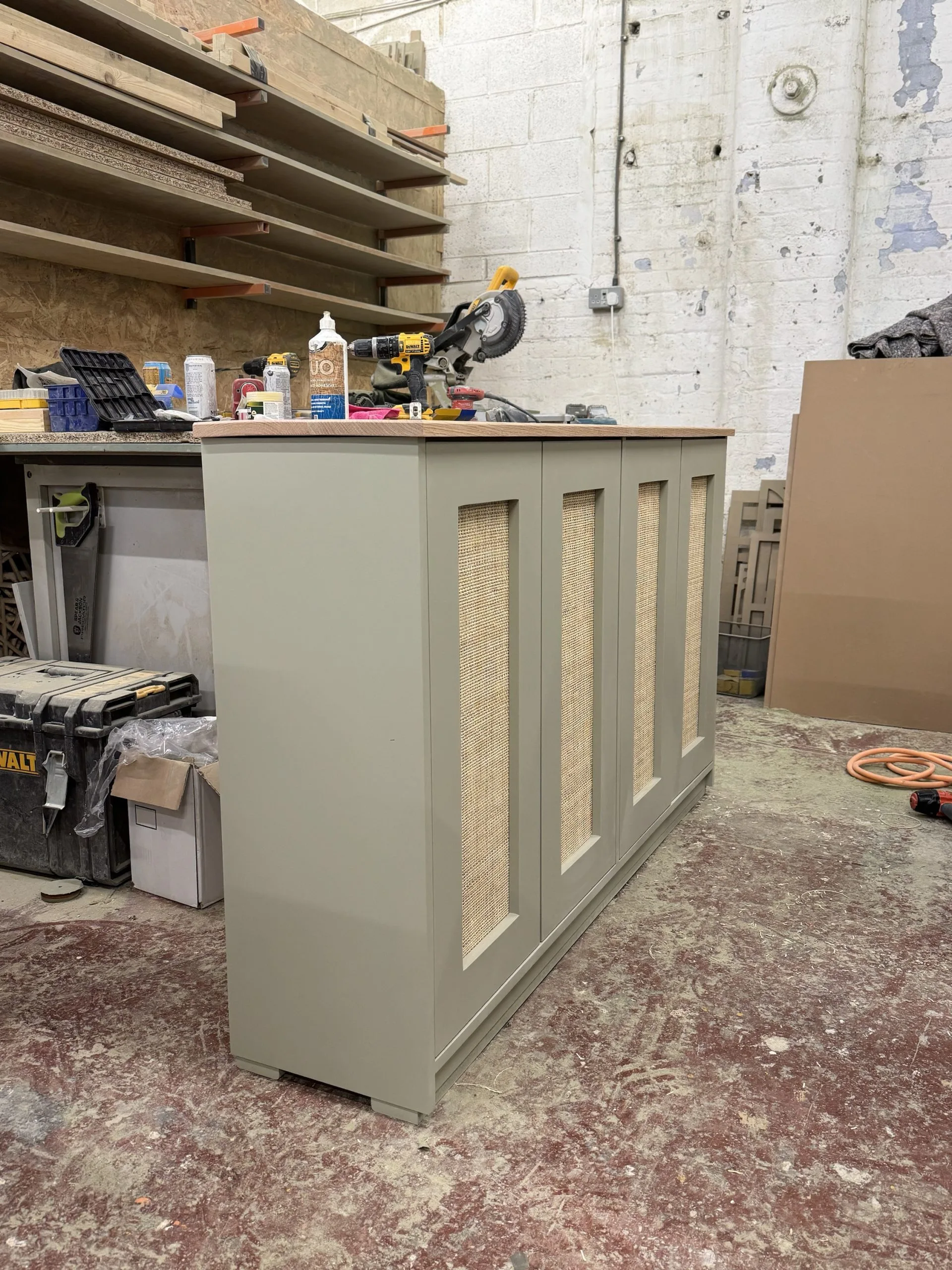 Rattan Door Oak Top TV Cabinet