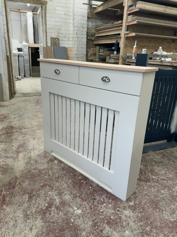 Radiator Cover with drawers and vertical slat design and a teak oil Solid Oak Top