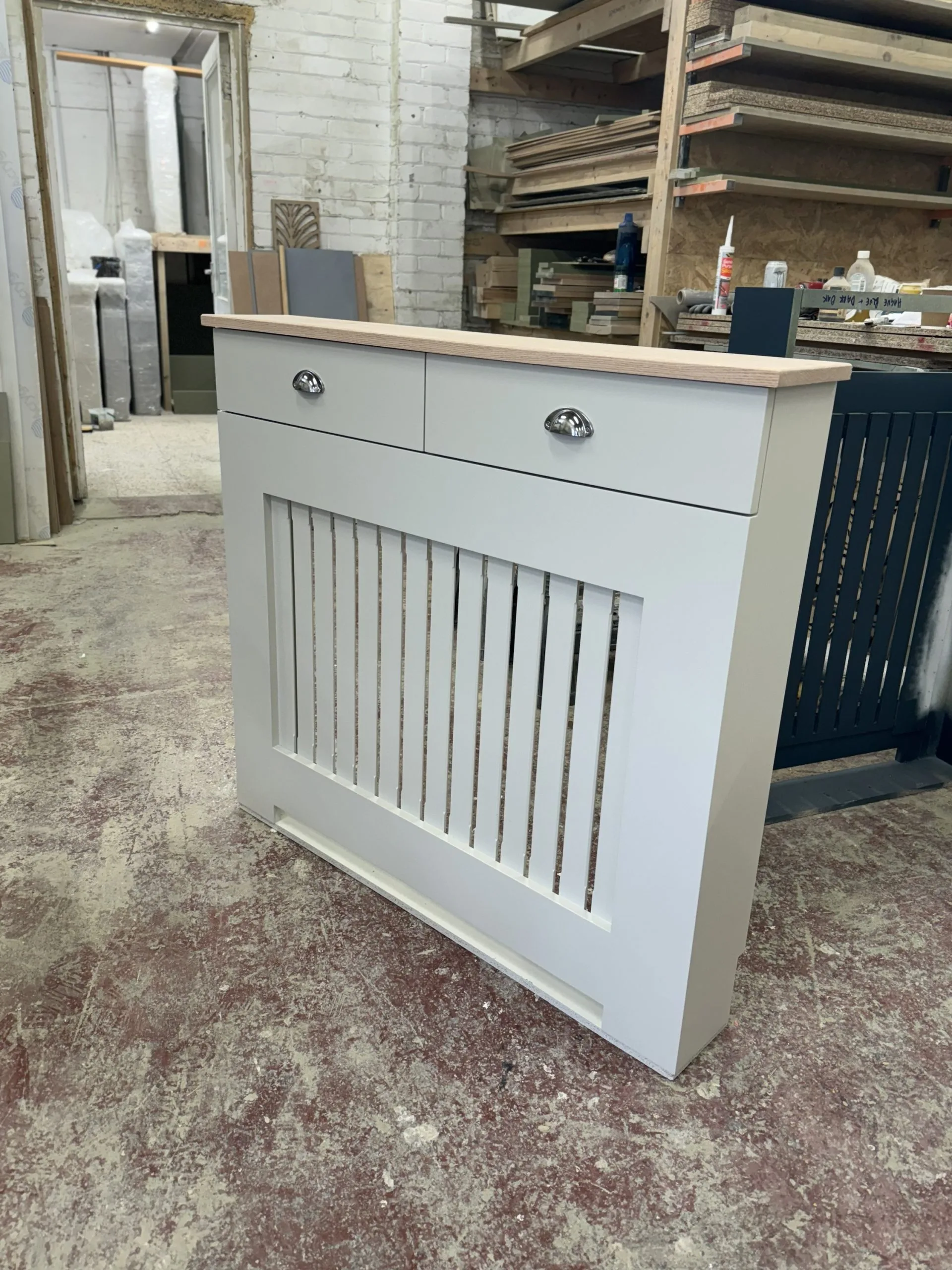 Radiator Cover with drawers and vertical slat design and a teak oil Solid Oak Top