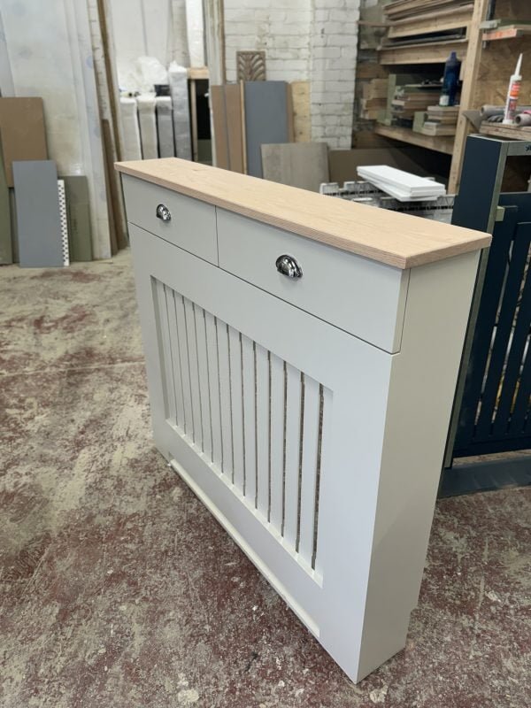 Radiator Cover with drawers and vertical slat design and a teak oil Solid Oak Top
