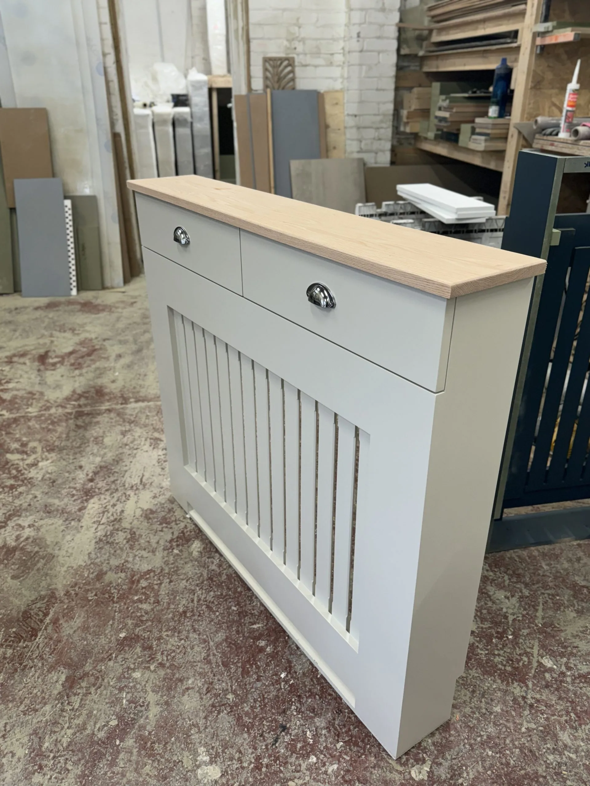 Radiator Cover with drawers and vertical slat design and a teak oil Solid Oak Top