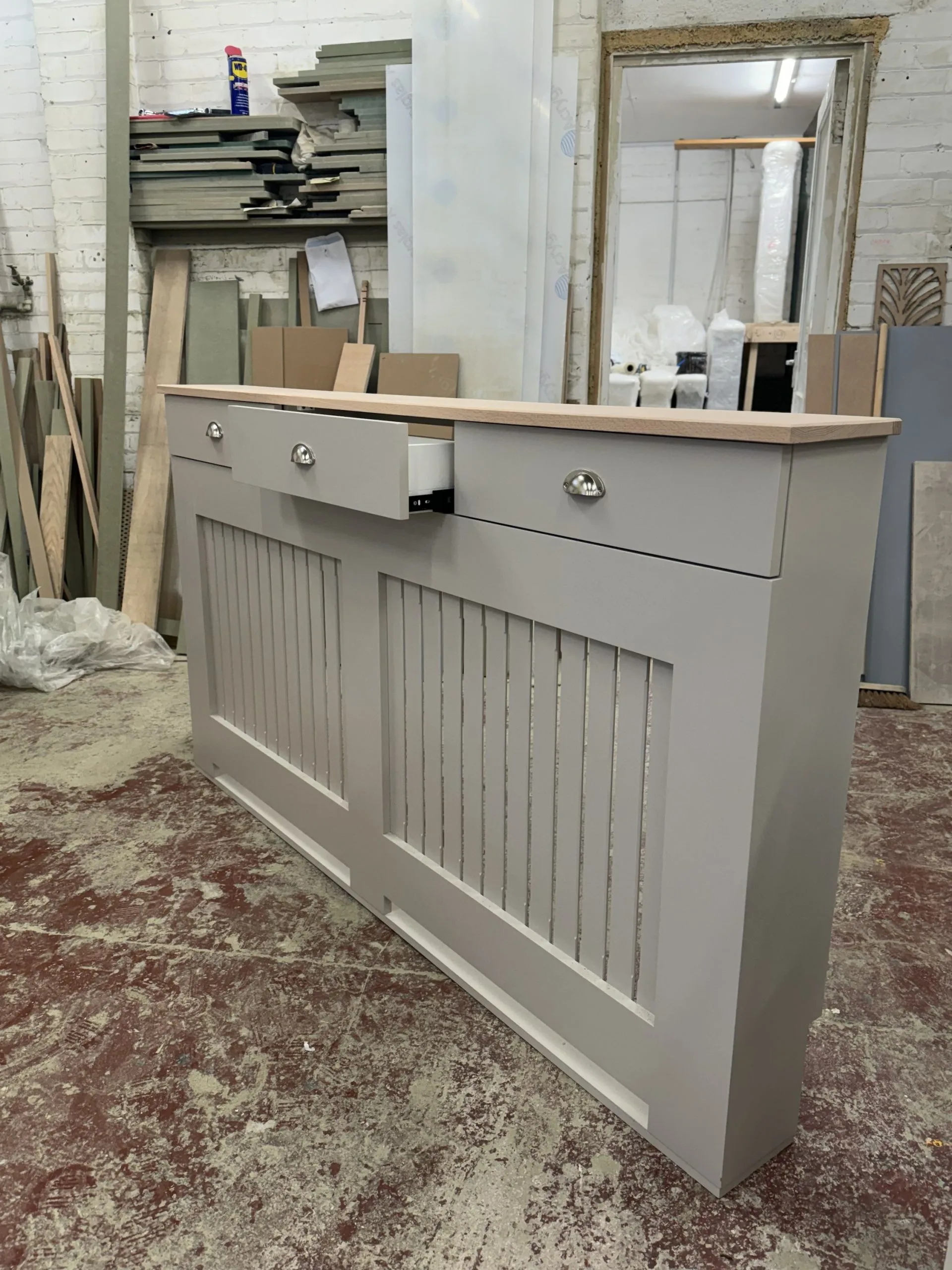 Elephants Breath Radiator Cover with drawers and vertical slat design and a light Solid Oak Top