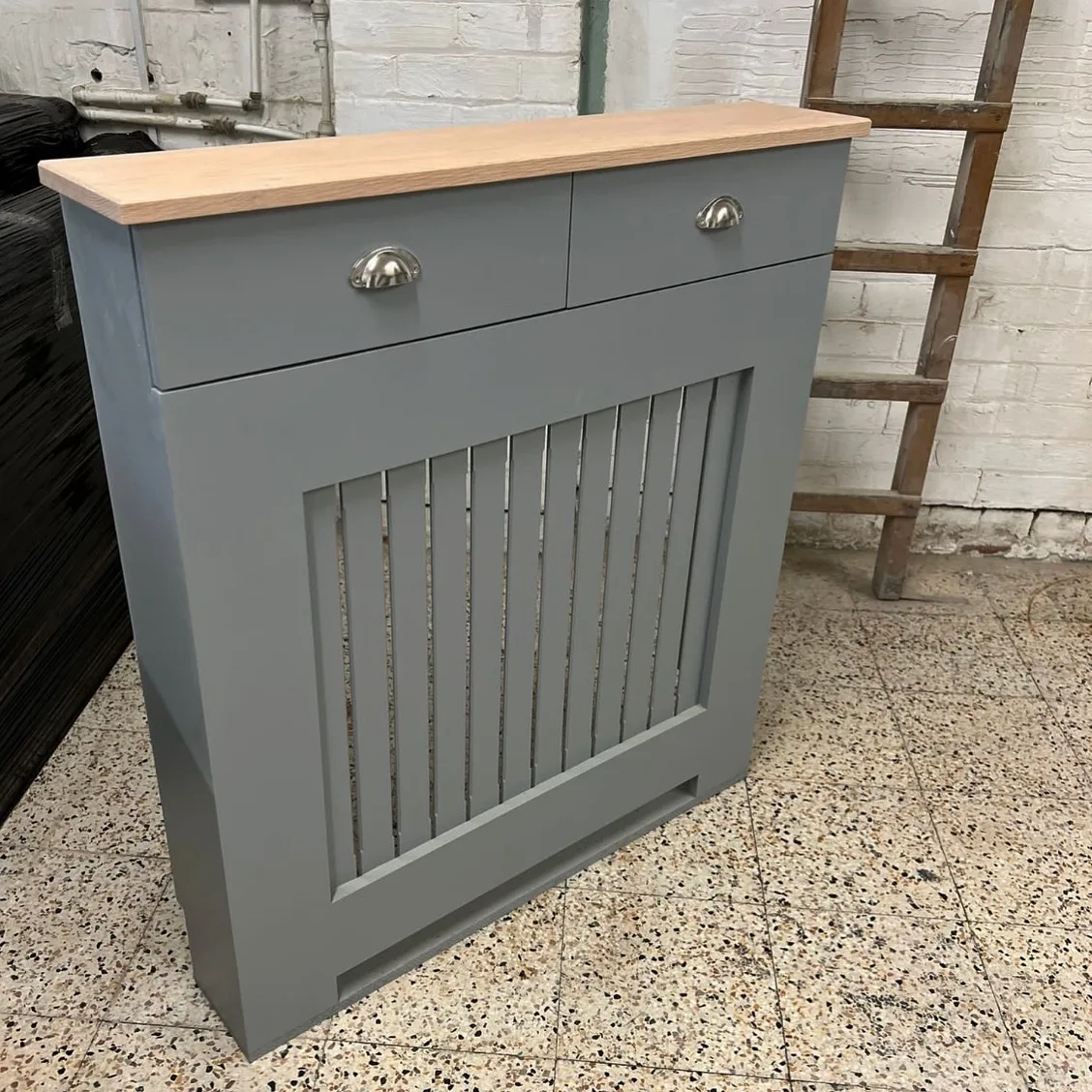 Grey Vertical Slat Radiator Cover with a Solid Oak Top and Drawers