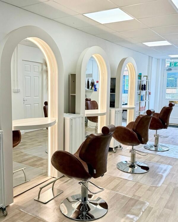 Curved LED Salon Mirror Unit with Rear Storage