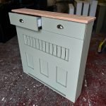 French Green Vertical Slat Radiator Cover with a Solid Oak Top and Drawers