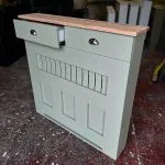 French Green Vertical Slat Radiator Cover with a Solid Oak Top and Drawers