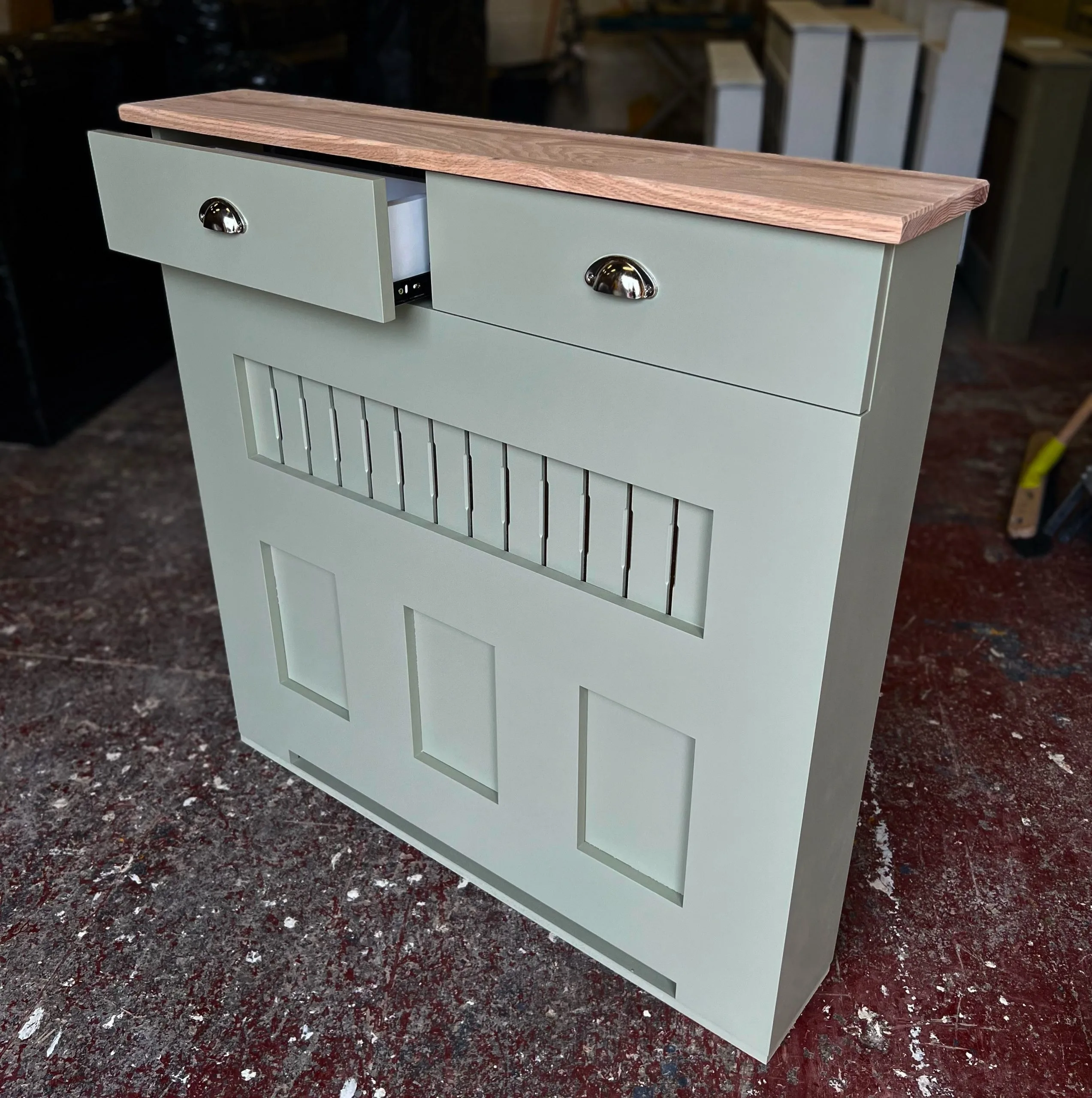 French Green Vertical Slat Radiator Cover with a Solid Oak Top and Drawers
