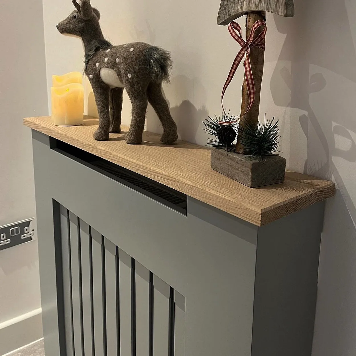 Grey Vertical Slat Radiator Cover with a Solid Oak Top