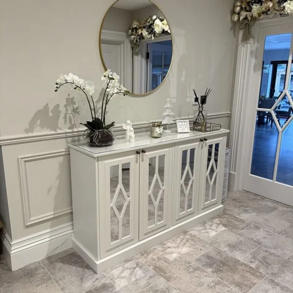 Diamond Fretwork mirrored Cabinet / mirrored sideboard (image Little Greene - Slacked Lime)