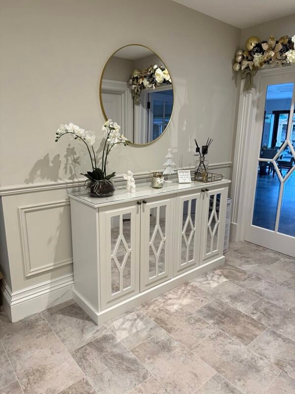 Diamond Fretwork mirrored Cabinet / mirrored sideboard (image Little Greene - Slacked Lime)
