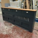 Hague Blue Vertical Slat Radiator Cover with a Solid Oak Top and Drawers