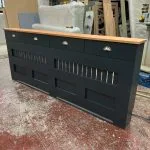 Hague Blue Vertical Slat Radiator Cover with a Solid Oak Top and Drawers