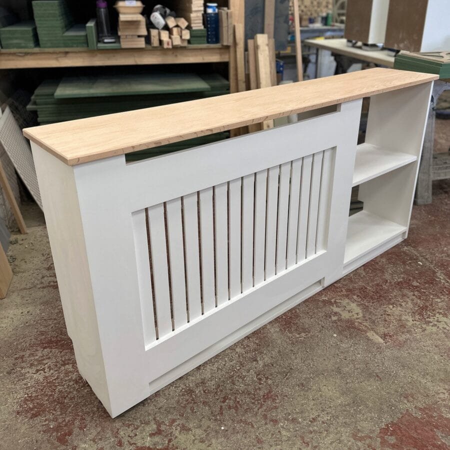 Slatted Radiator Bench Radiator Cover with Side Shelf & Solid Oak Top | Vertical Slat