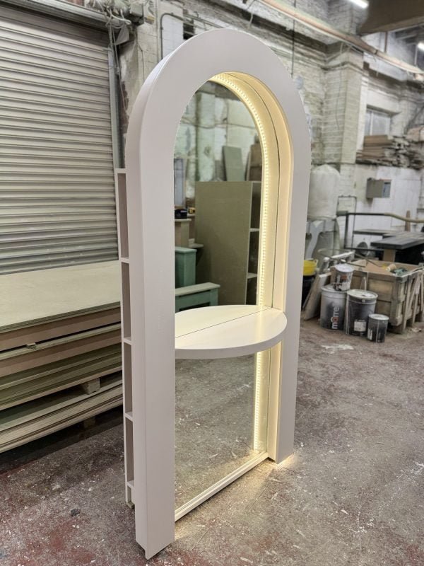Curved LED Salon Mirror Unit with Rear Storage