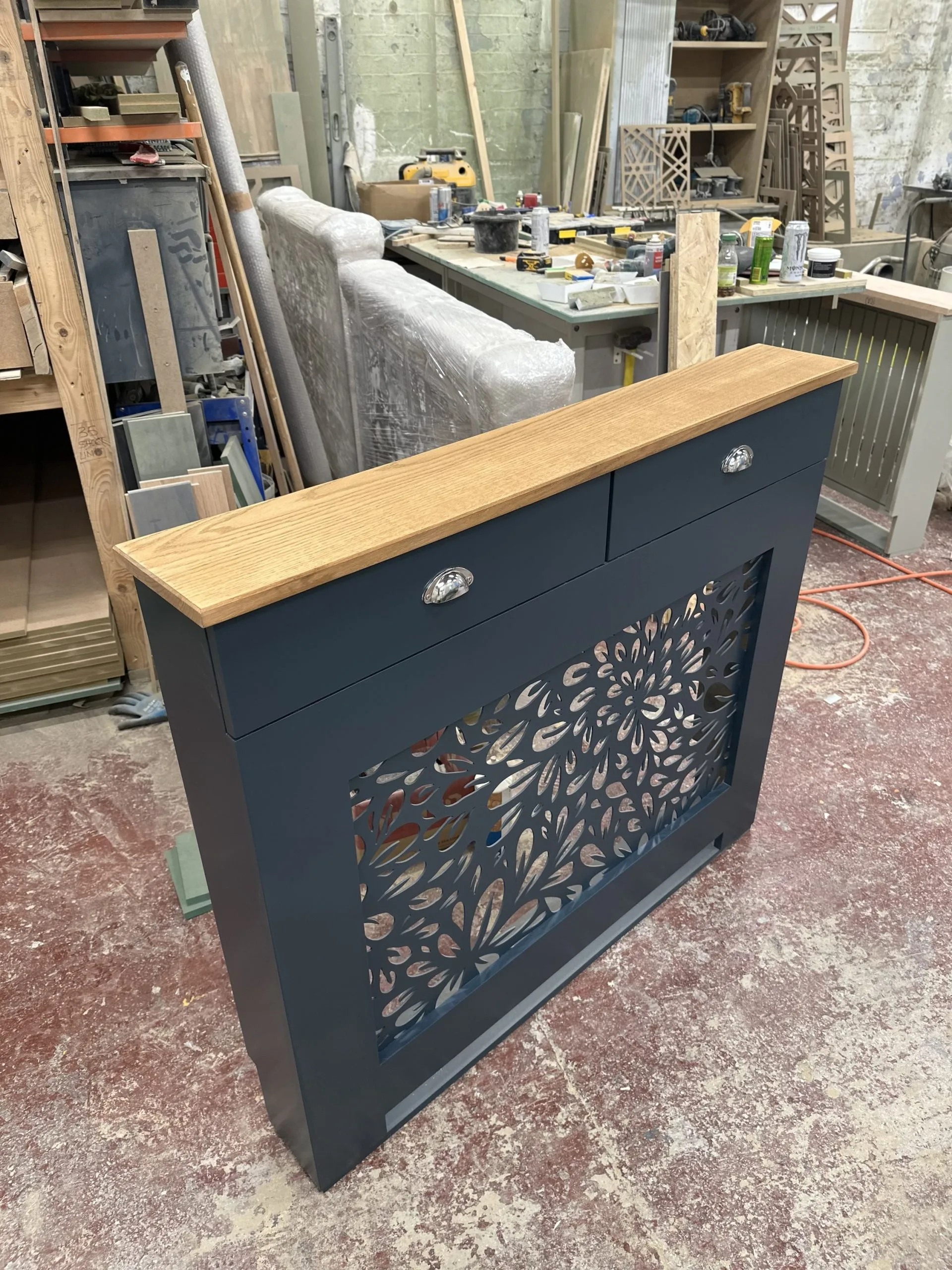 Bespoke Radiator Cover with Drawers & Solid Oak Top Floral Grill