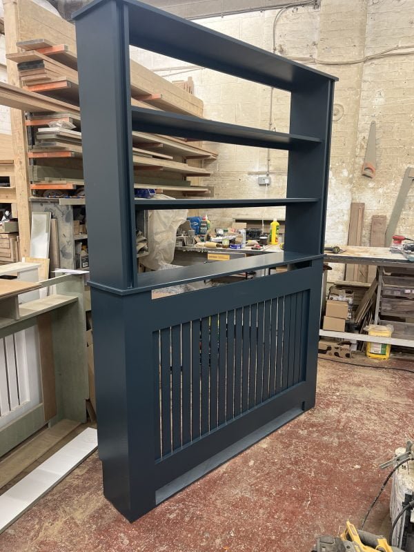 Bookshelf Radiator Cover with Vertical Slat Fretwork - Hague Blue