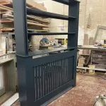Bookshelf Radiator Cover with Vertical Slat Fretwork – Hague Blue
