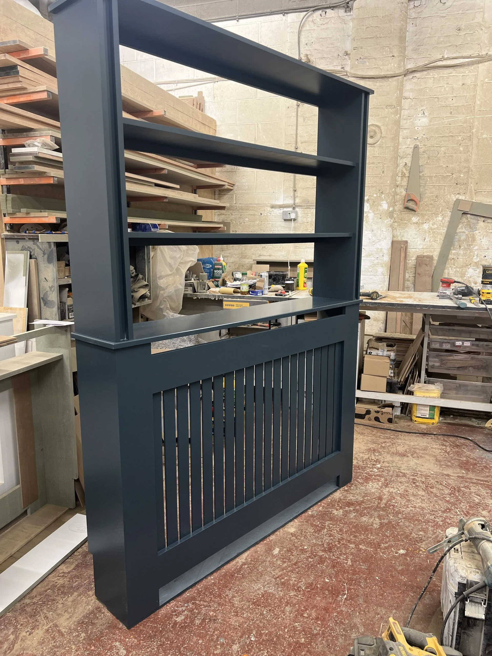 Bookshelf Radiator Cover with Vertical Slat Fretwork – Hague Blue