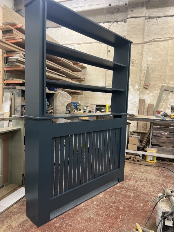 Bookshelf Radiator Cover with Vertical Slat Fretwork - Hague Blue