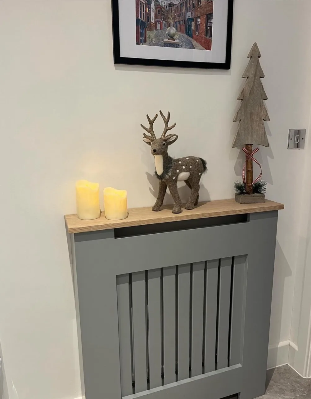 Grey Vertical Slat Radiator Cover with a Solid Oak Top