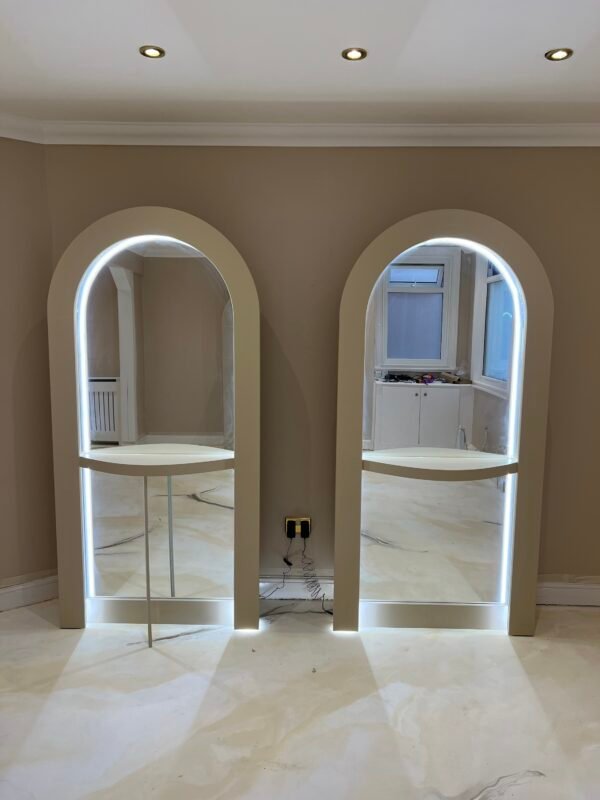 Bespoke salon mirror, Curved mirror, Hair stylish mirrored unit with rear storage & LED lights