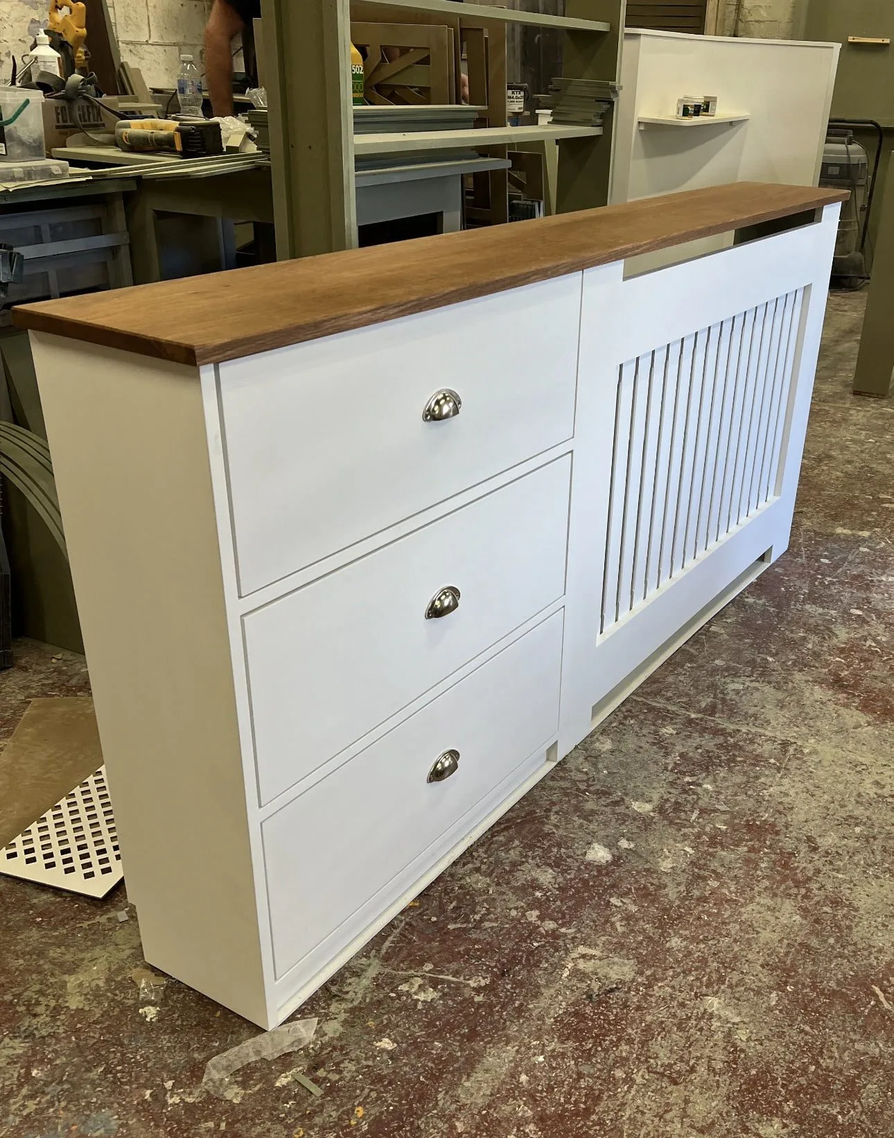 White Radiator Cover with Walnut Oak Side Drawers