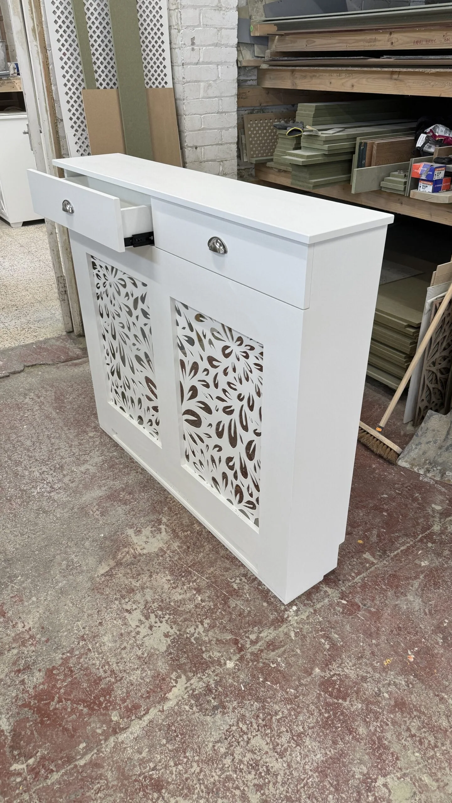 White Floral Grill Cover with Integrated Drawers