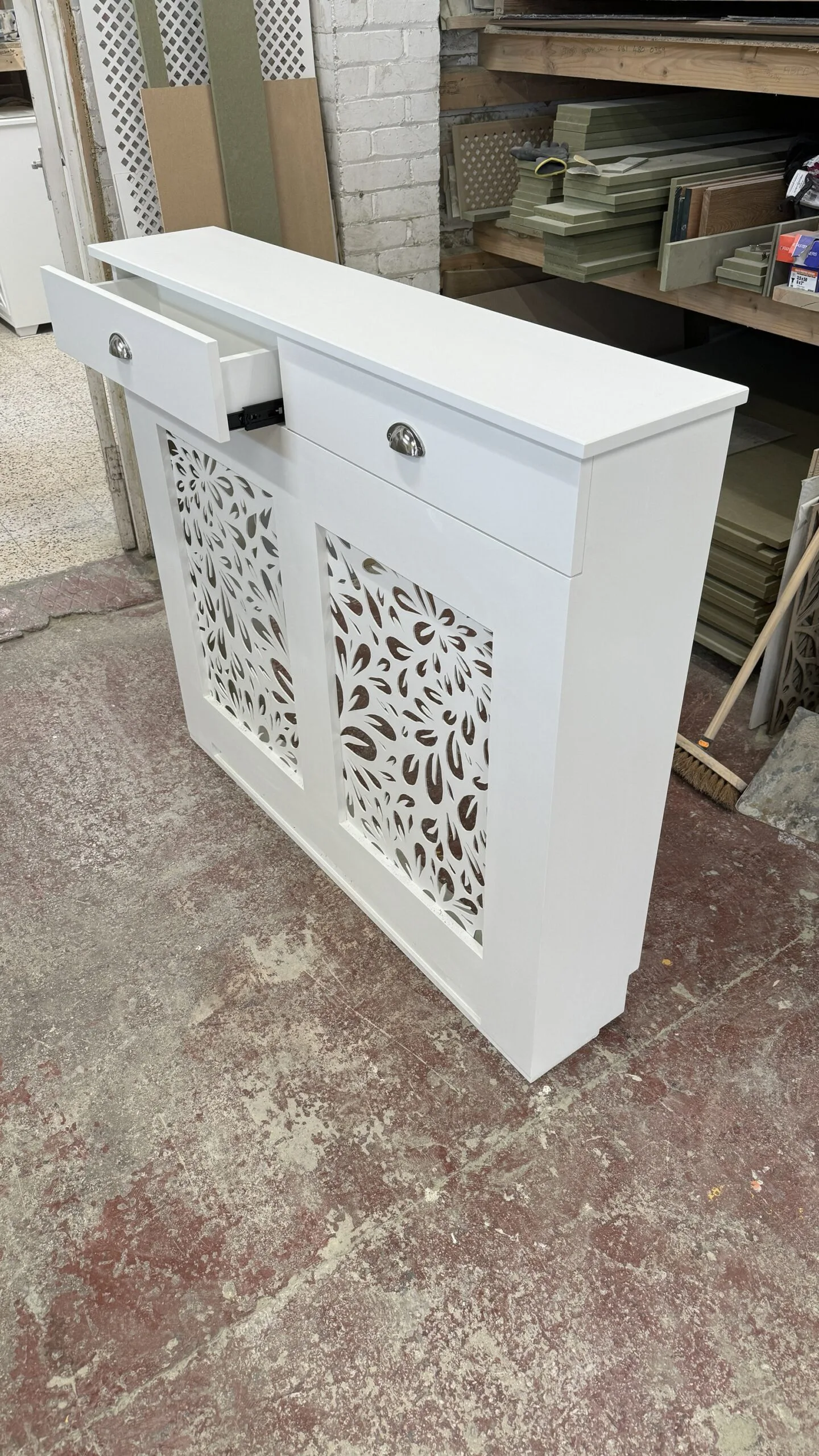 White Floral Grill Cover with Integrated Drawers